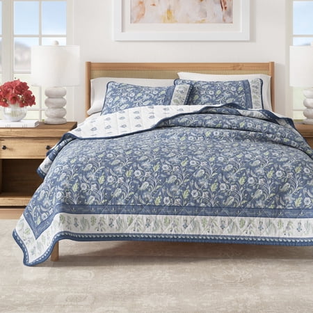Floral Cotton Quilt Set - Lightweight, Soft, All-Season - 2-Piece Reversible Boho Bedding Set (Twin / Twin XL, Regal Garden - Blue)