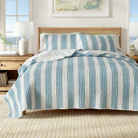 Great Bay Home Casco Bay Nautical Blue Striped Microfiber Quilt, Twin - Reversible (2 Count)