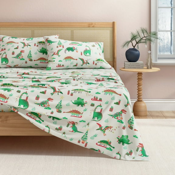 Great Bay Home Christmas Flannel Sheet Set - 100% Turkish Cotton - Double Brushed - King, Christmas Dinosaur