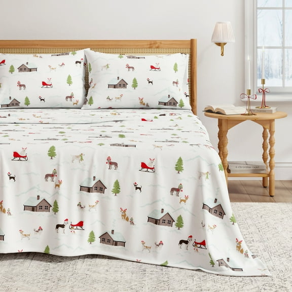 Great Bay Home 4-Piece 100% Turkish Cotton Flannel Sheet Set, Queen, Pups with Hats