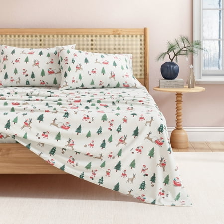 Great Bay Home Christmas Flannel Sheet Set - 100% Turkish Cotton - Double Brushed - Queen, Santa