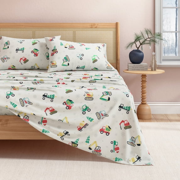 Great Bay Home Christmas Flannel Sheet Set - 100% Turkish Cotton - Double Brushed - Twin, Christmas Toy Trucks