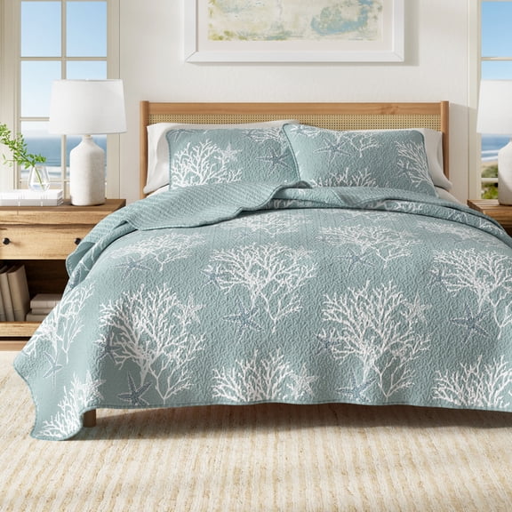 Coastal Quilt Set - Lightweight, Soft, All-Season - 3-Piece Reversible Bedding Set (Full / Queen, Ether Blue)