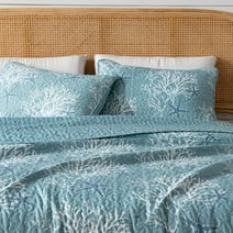 Great Bay Home Coastal Beach Reversible Reversible Quilt Set With Shams  (King, Ether Blue)