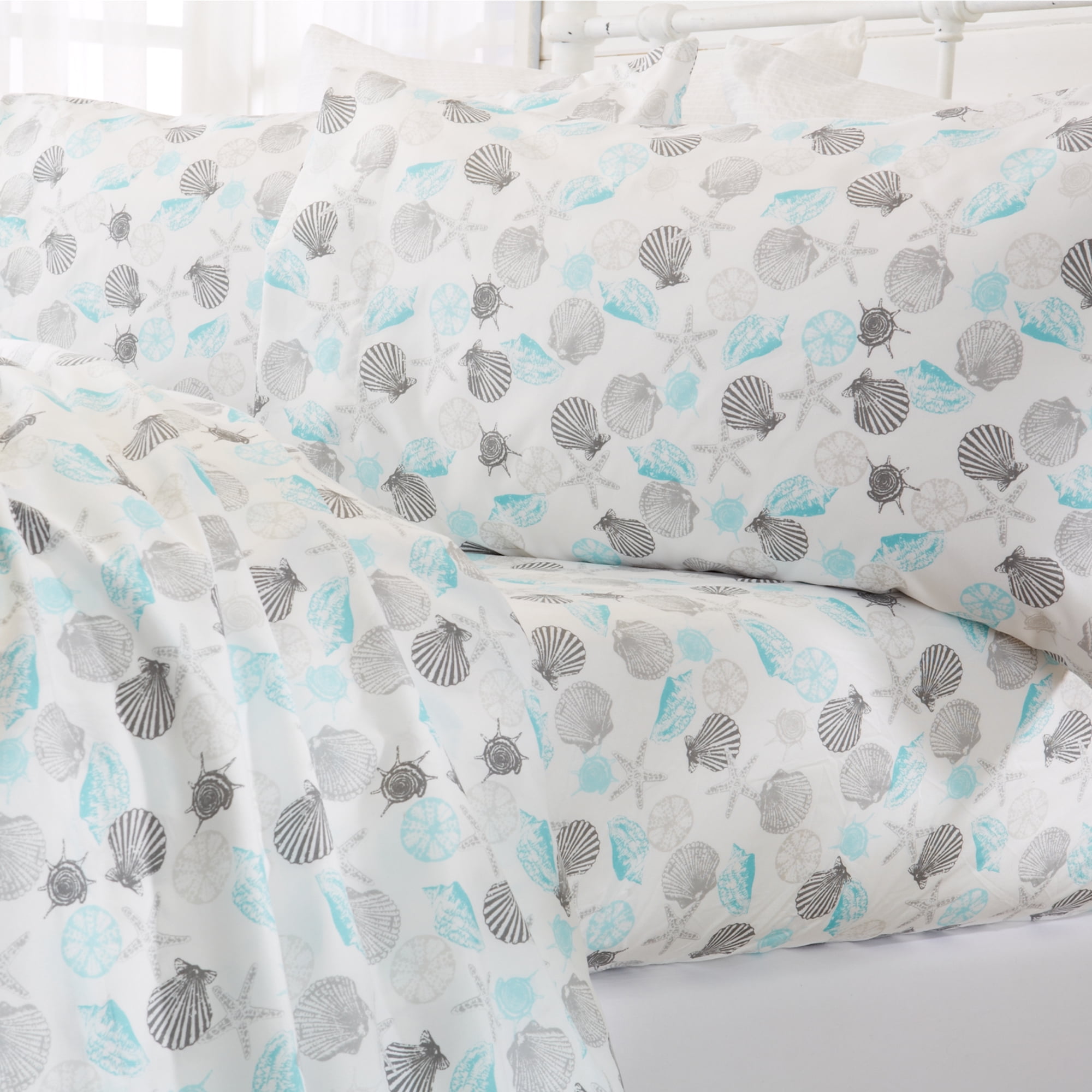 King Coastal Seashell Print Microfiber Sheet Set