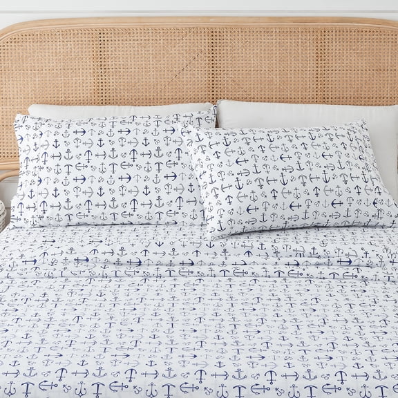 Great Bay Home Coastal Inspired Microfiber Sheet Set (Queen, Anchor)