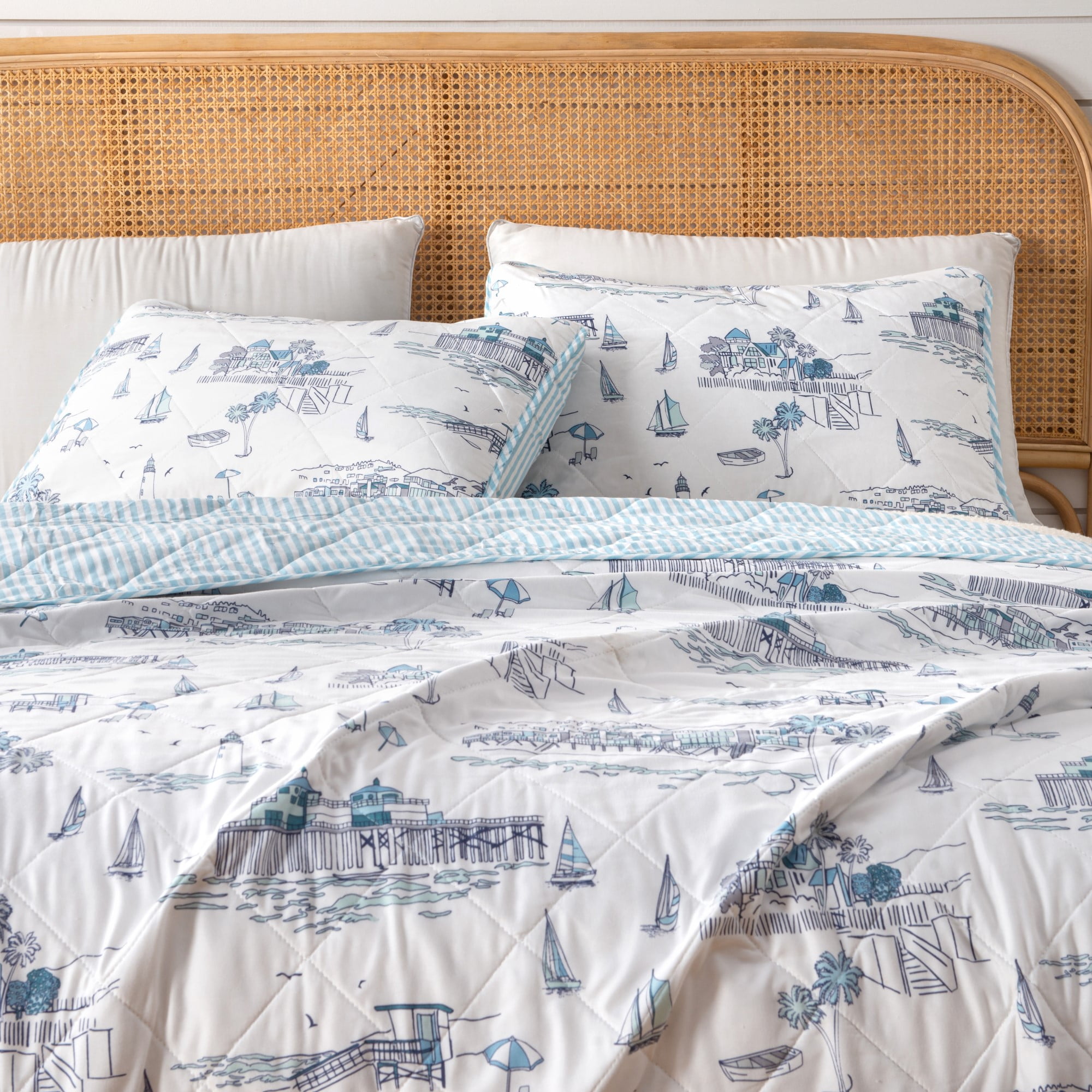 King Blue Microfiber Reversible Coastal Quilt Set