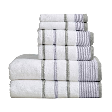 Great Bay Home Cotton Decorative Stripe Quick-Dry Towel Set (6 Piece Set, Lavender / Grey)