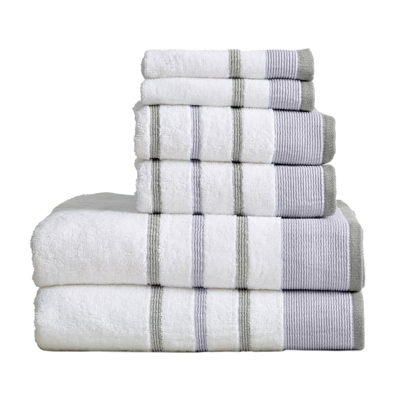 Great Bay Home Cotton Decorative Stripe Quick-Dry Towel Set (6 Piece Set, Lavender / Grey)