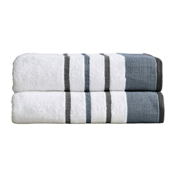 Great Bay Home Cotton Decorative Stripe Quick-Dry Towel Set (Bath Towel (2-Pack), Moroccan Blue / Grey)