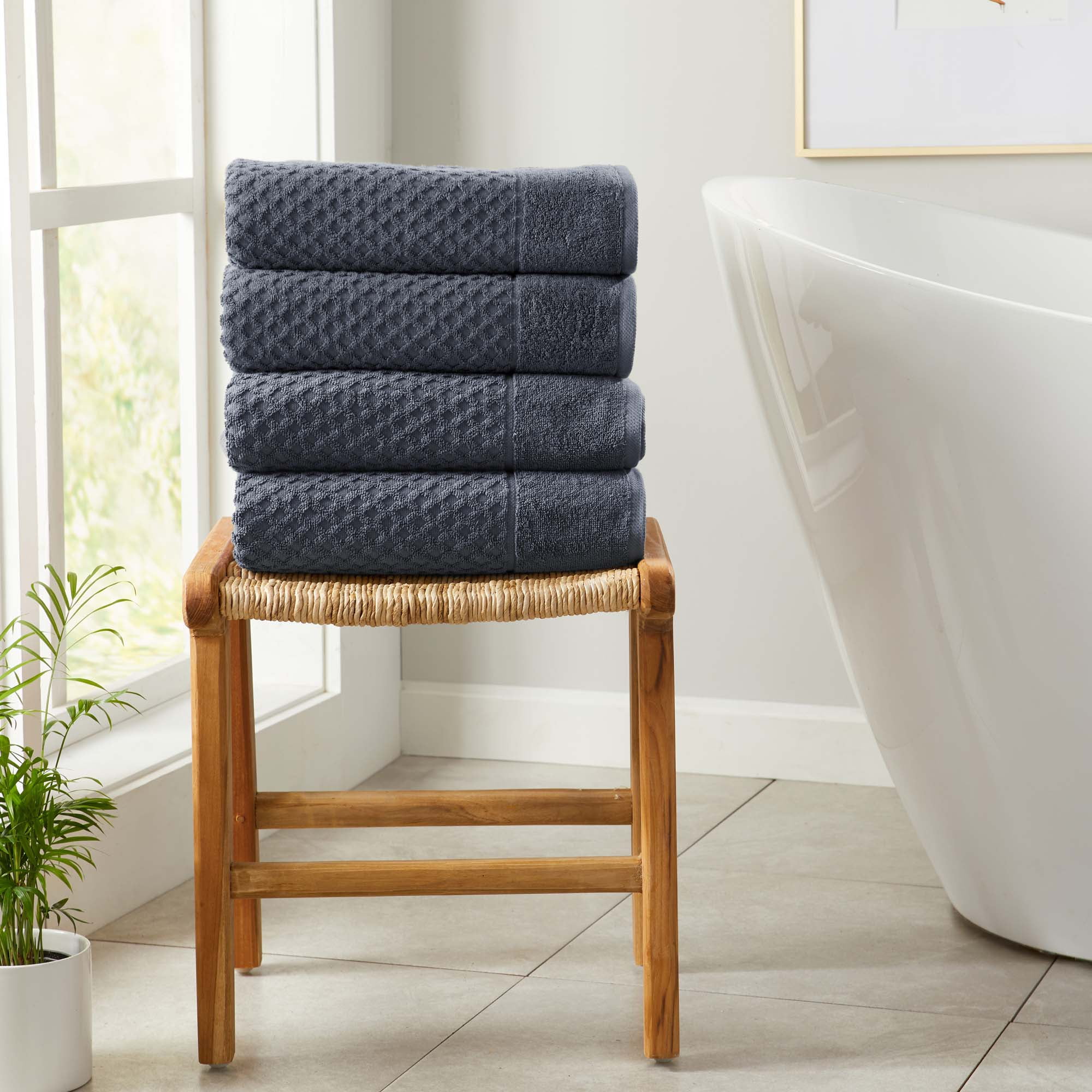 Stone Blue Cotton Diamond Textured Bath Towel Set, Pack of 4