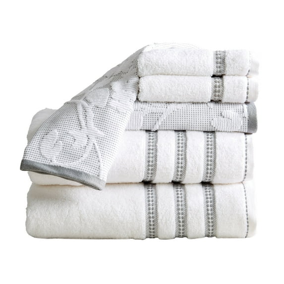 Great Bay Home Cotton Floral Jacquard Towel Set (6 Piece Set, White / Grey)