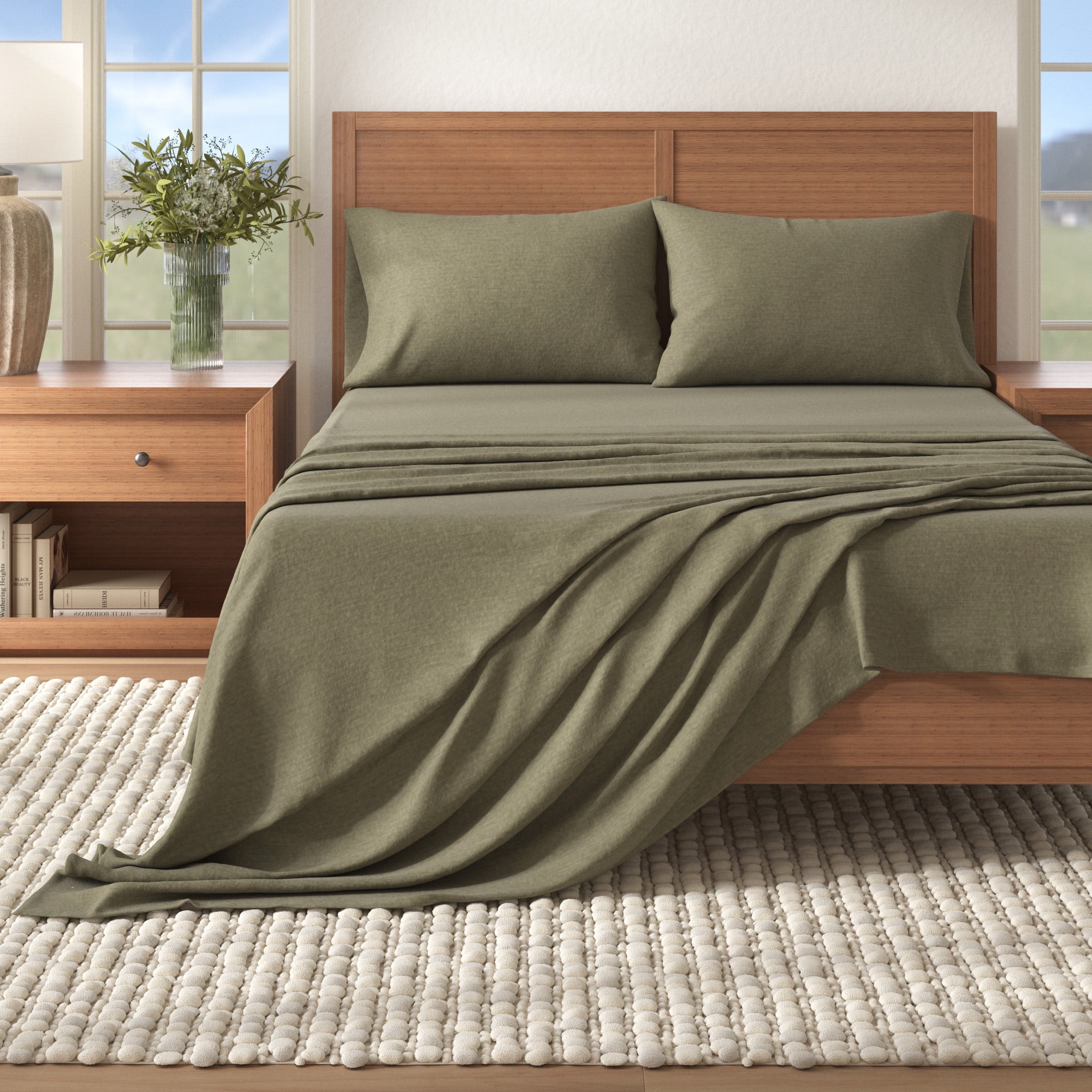 Heathered Olive Queen Size Cotton Blend Flannel Sheet Set