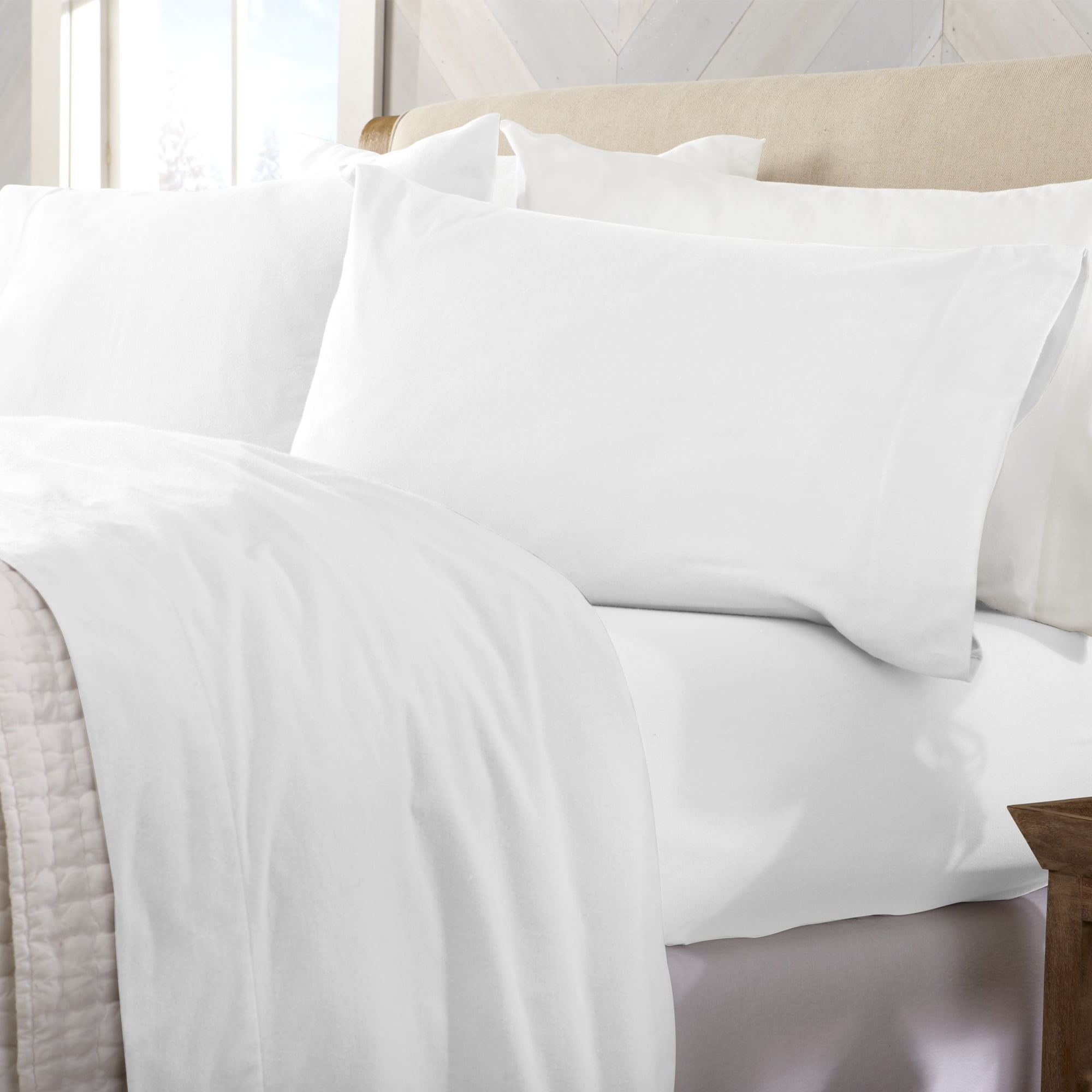 Great Bay Home Solid Flannel Sheet Set - 100% Turkish Cotton - Double Brushed - Queen, Winter White