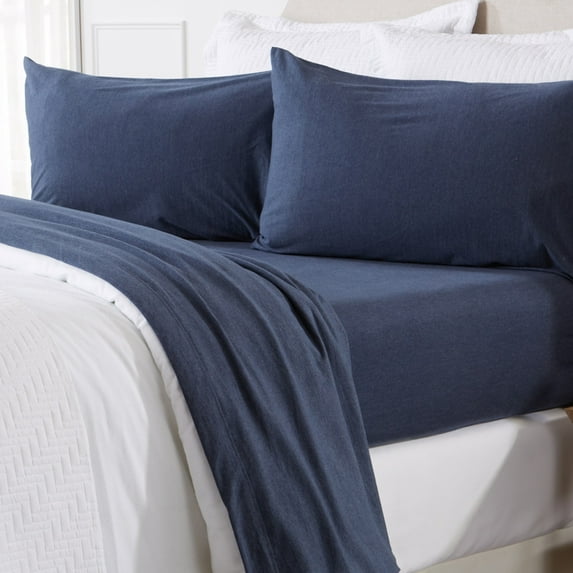 Great Bay Home Cotton T-Shirt Jersey Knit Flannel Sheet Set (Twin, Navy)