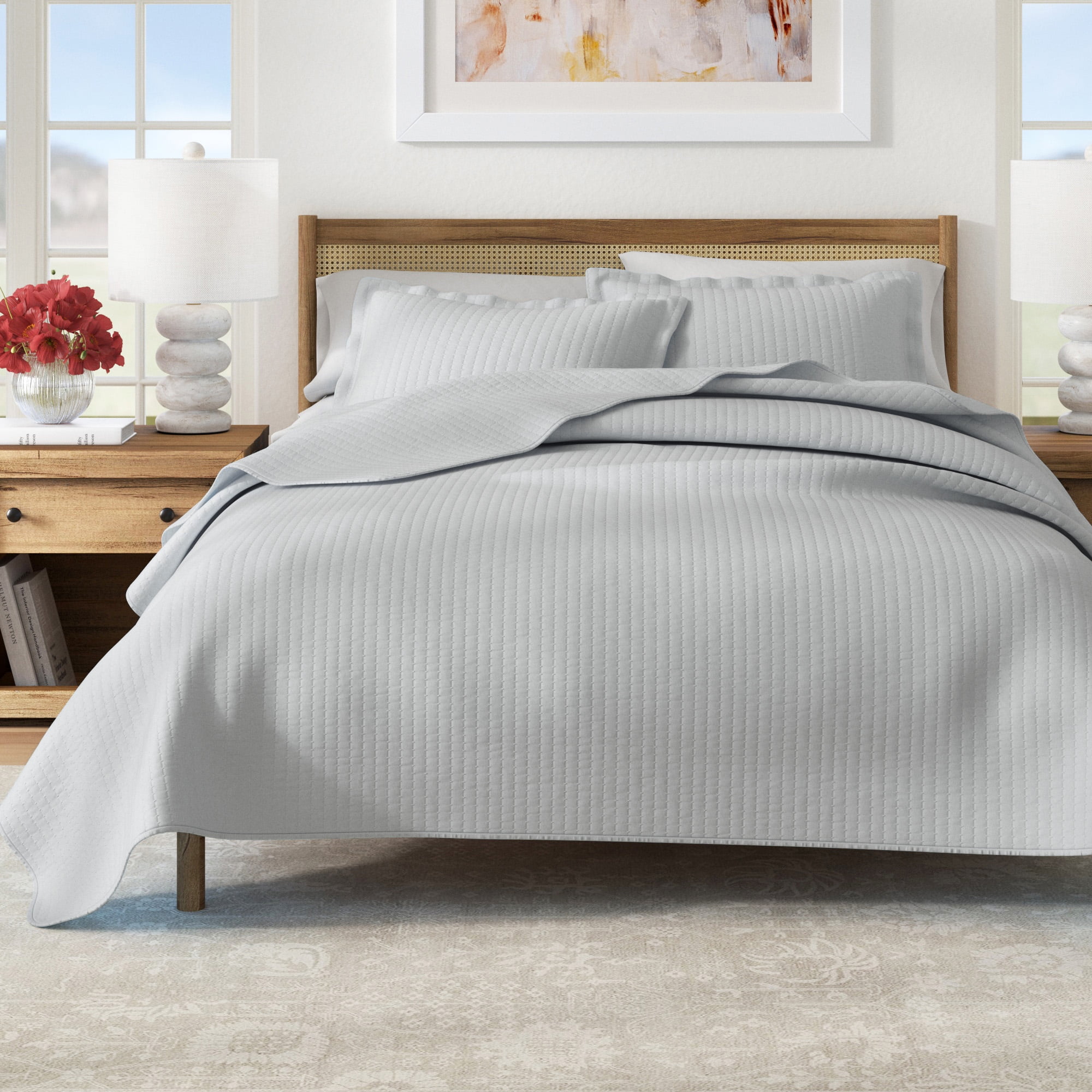 Great Bay Home Detailed Channel Stitch Microfiber All-Season Quilt Set With Shams (Full / Queen, Baby Blue)