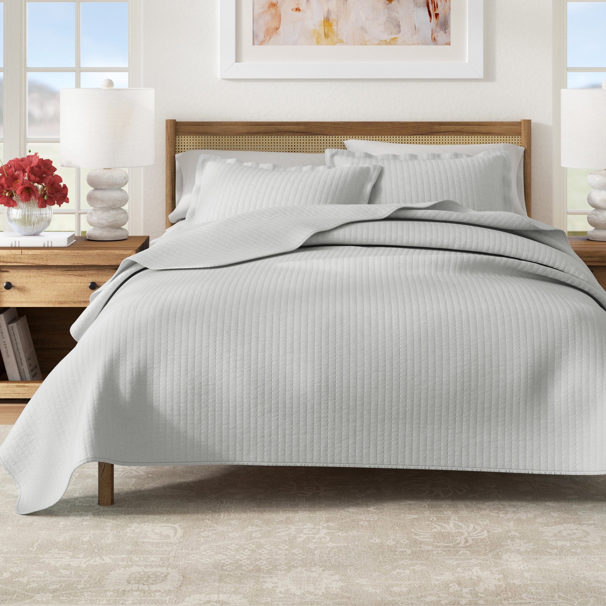 Light Gray Full/Queen Microfiber Channel Stitch Quilt Set with Shams