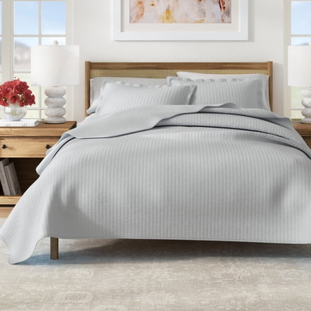 Great Bay Home Detailed Channel Stitch Microfiber All-Season Quilt Set With Shams (Twin, Baby Blue)