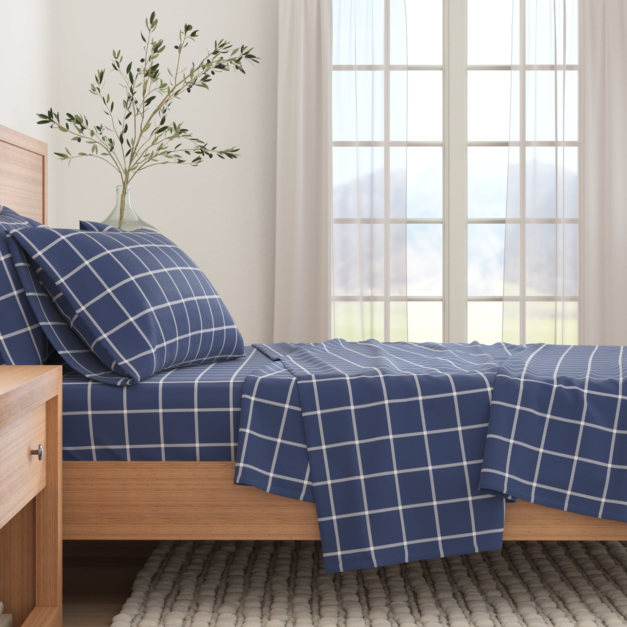 Twin Navy and White Cotton Flannel Windowpane Sheet Set