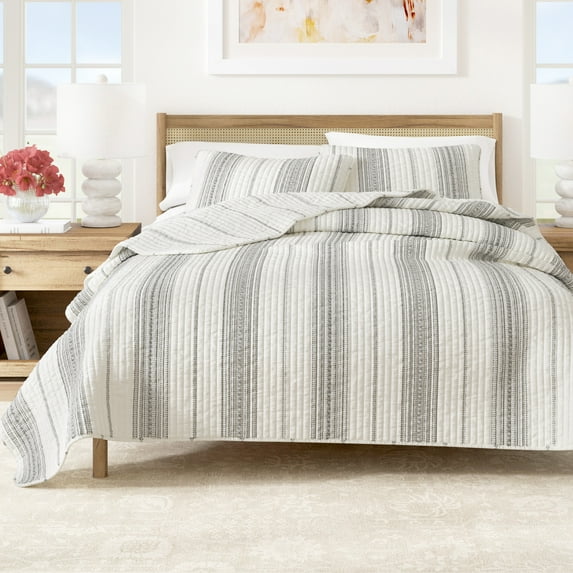 Great Bay Home Farmhouse Gray and White Microfiber Striped Quilt with Shams, King