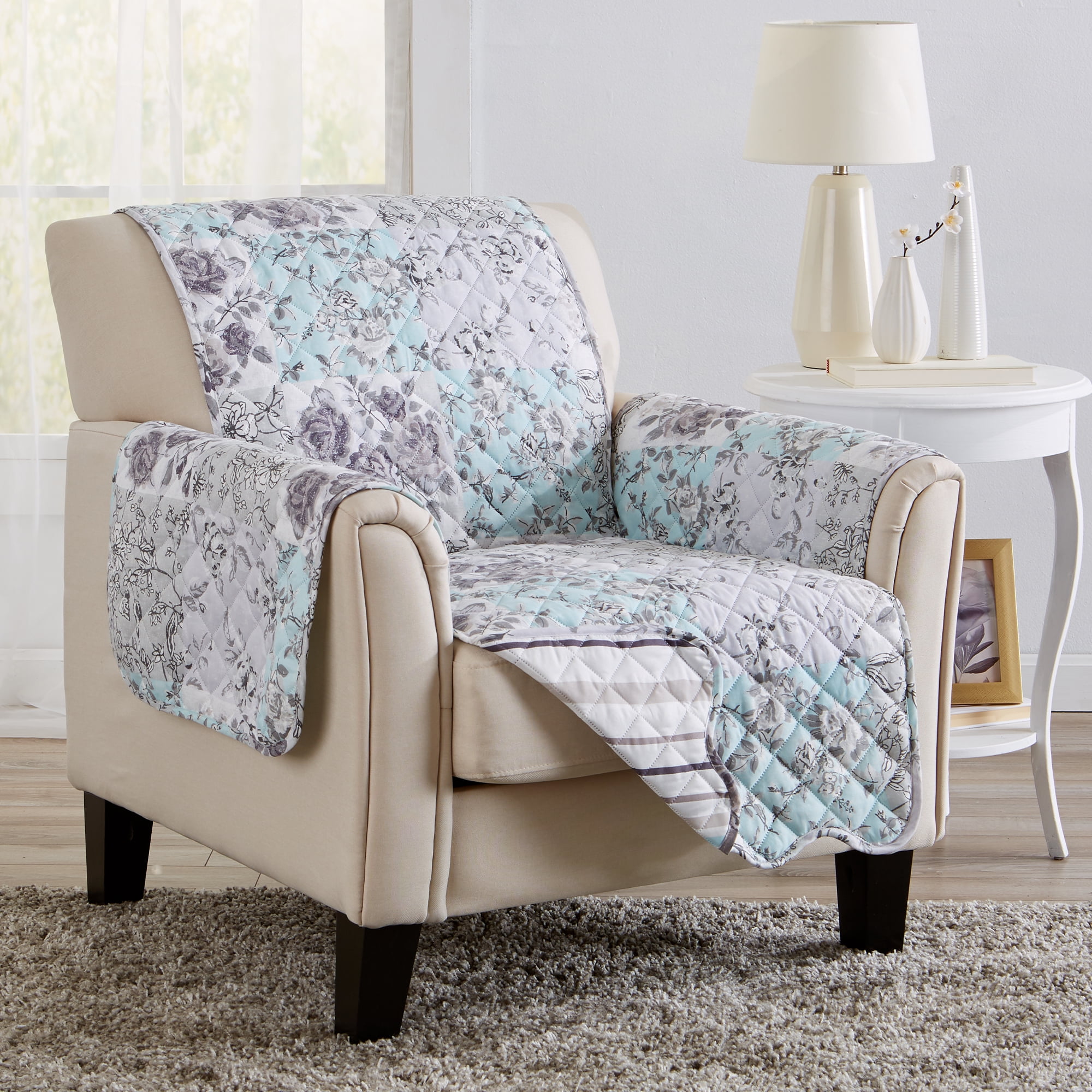 Gray and Aqua Floral Patchwork Reversible Microfiber Chair Protector