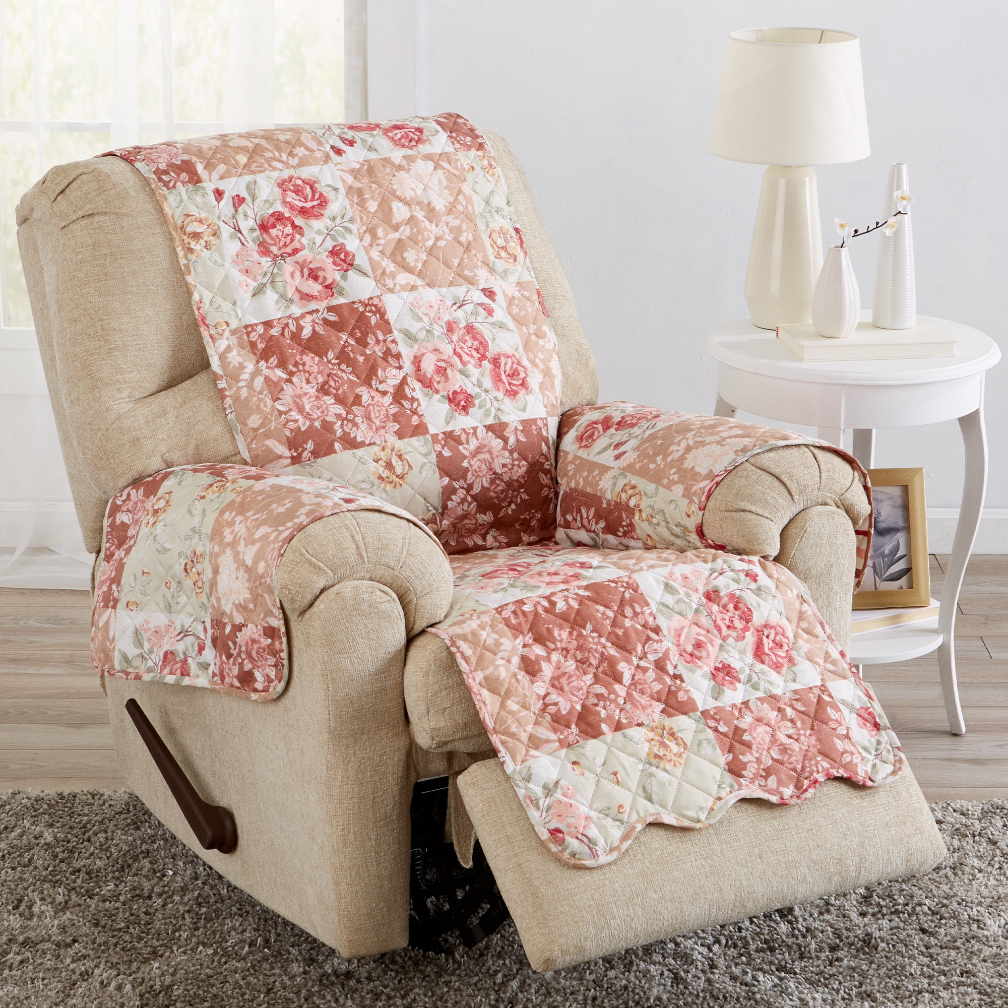 Burgundy and Taupe Floral Patchwork Microfiber Recliner Protector