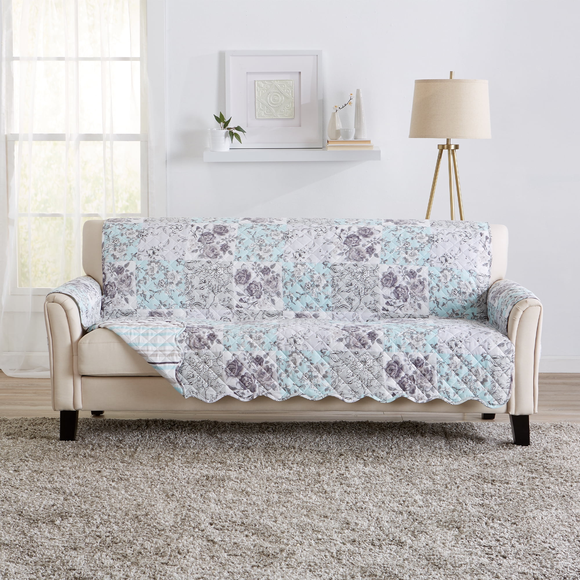 Gray and Aqua Floral Patchwork Stain-Resistant Microfiber Sofa Protector
