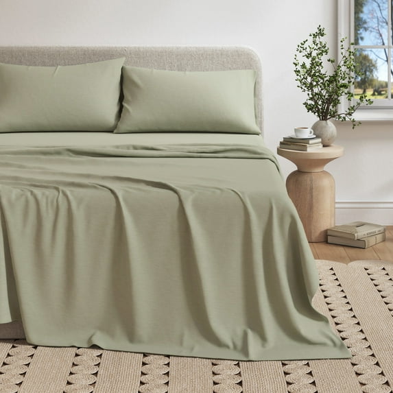 Cotton Heathered Melange Jersey Knit Bed Sheet Set (King, Heathered Olive)