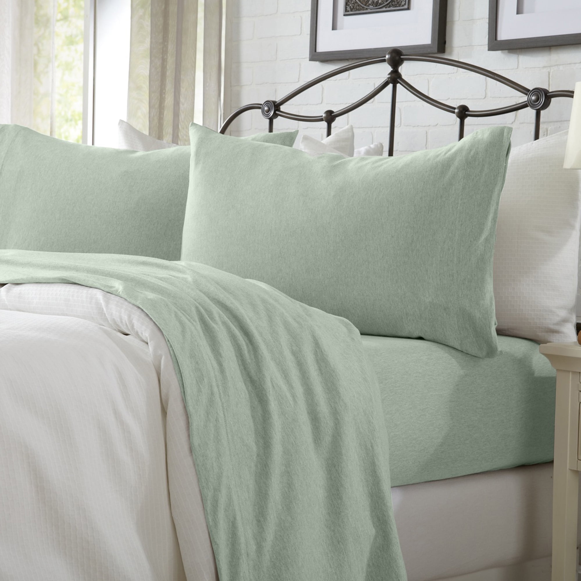 Ultra-Soft Heathered Jersey Knit Cotten Blend Sheet Set - Great Bay Home (King, Green)