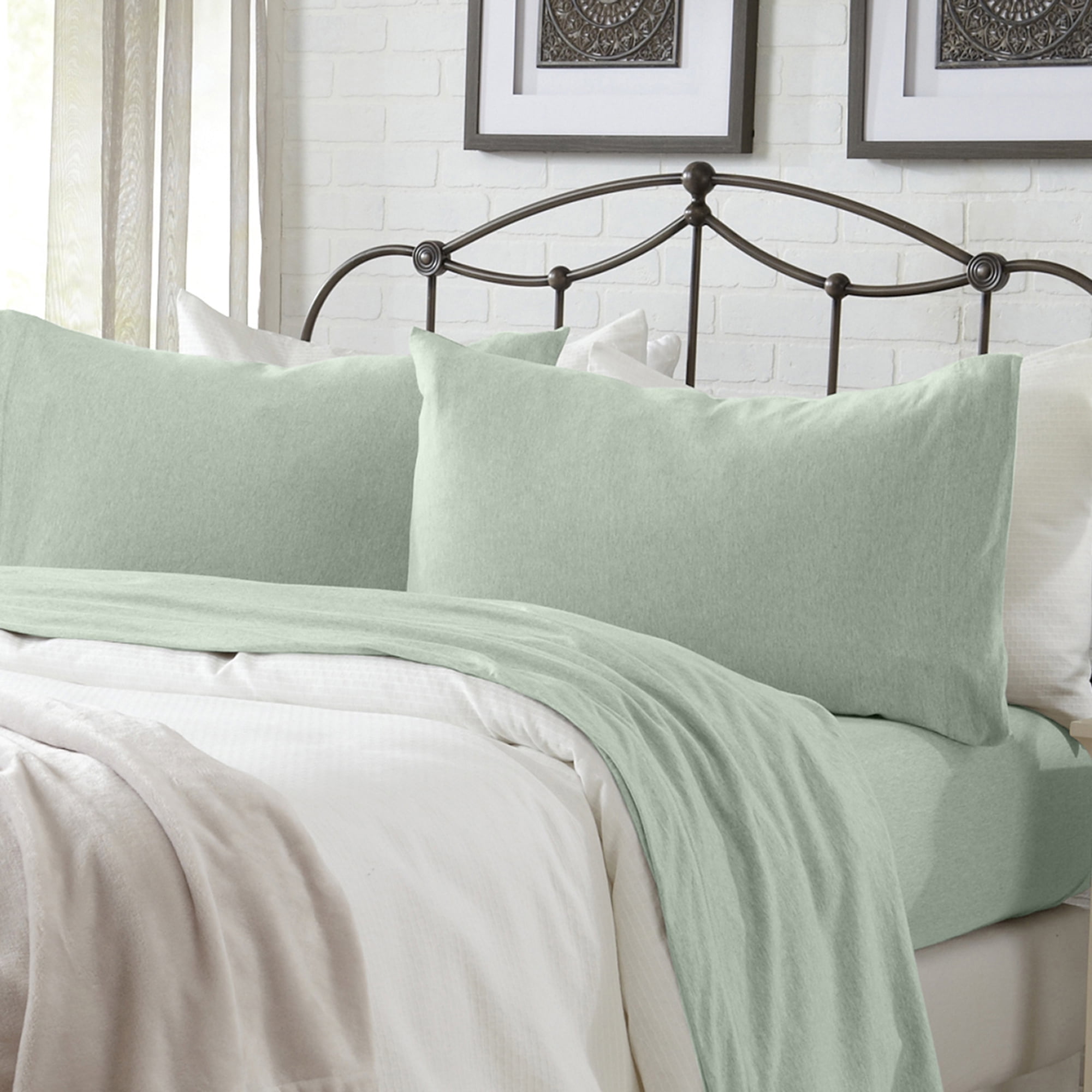 Cotton Heathered Melange Jersey Knit Bed Sheet Set, Queen, 4 Pieces ...