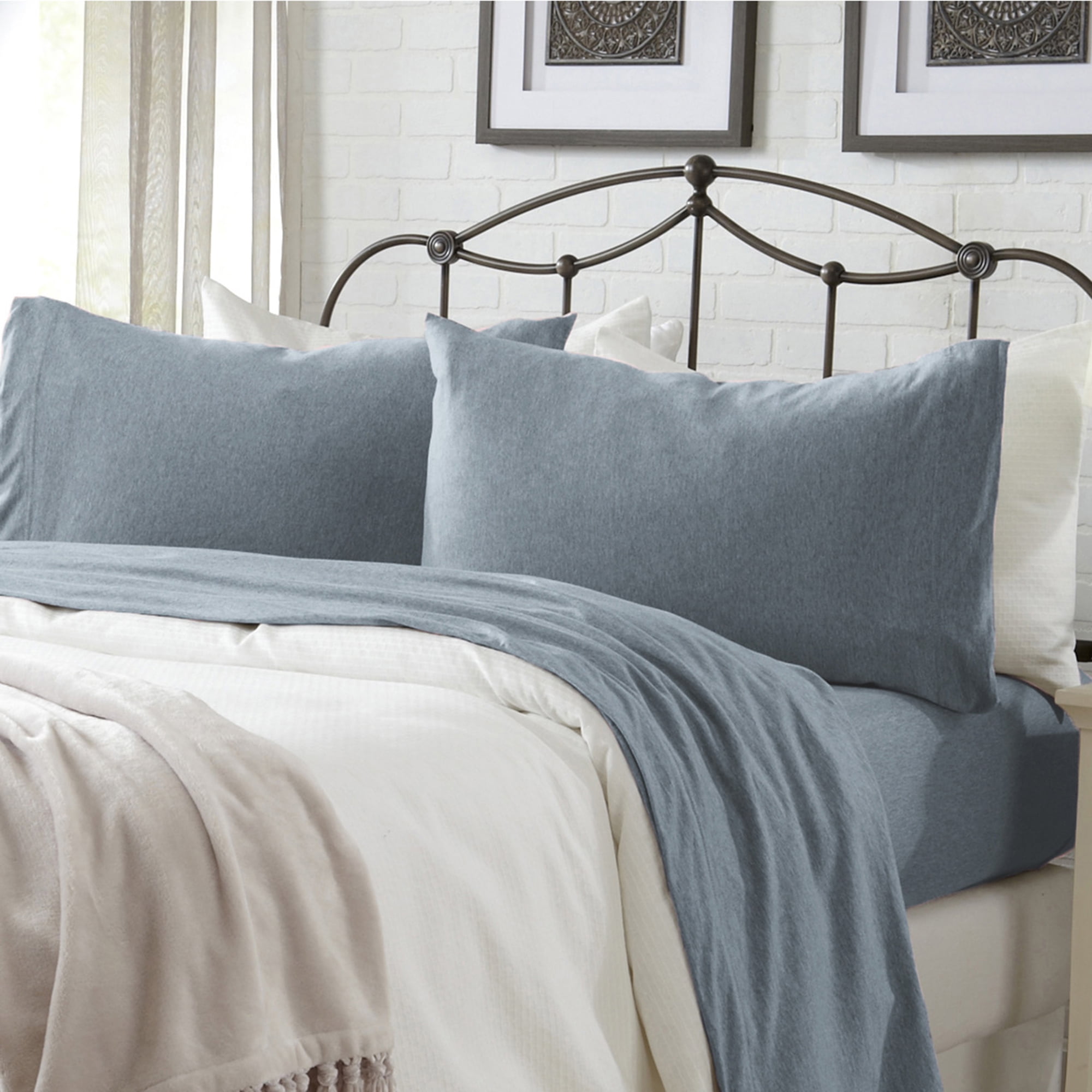 Cotton Heathered Melange Jersey Knit Bed Sheet Set, Twin, 3 Pieces ...