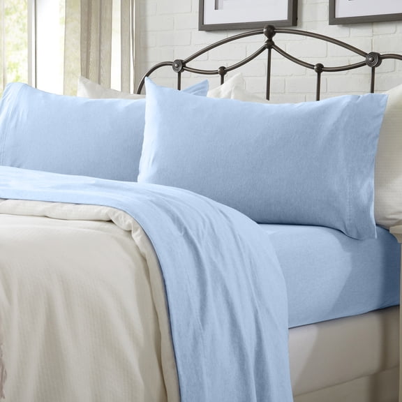 Cotton Heathered Melange Jersey Knit Bed Sheet Set (Twin / Twin XL, Sky Blue)