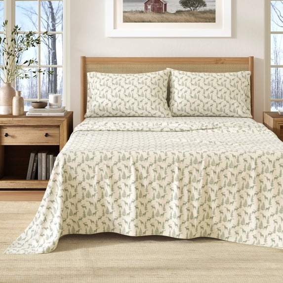 Great Bay Home Lodge Flannel Sheet Set - 100% Turkish Cotton - Double Brushed (Full, Deer Green)