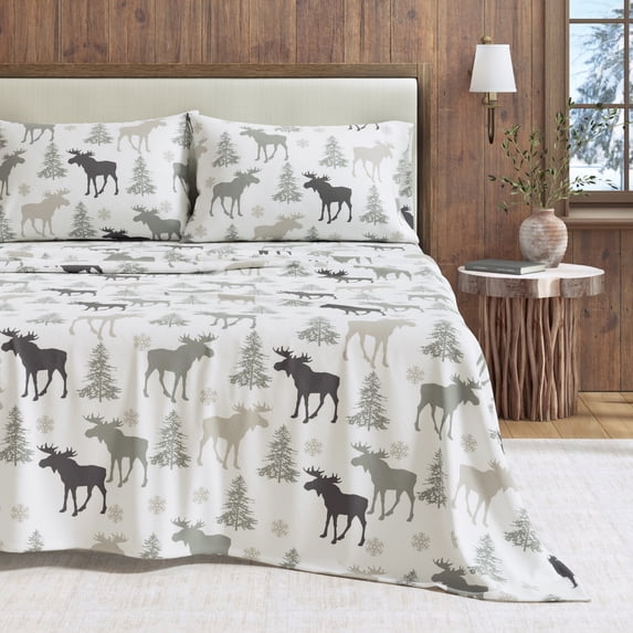 Great Bay Home Lodge Flannel Sheet Set - 100% Turkish Cotton - Double Brushed - Full, Moose