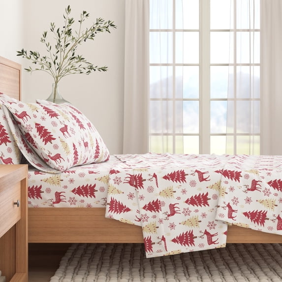 Great Bay Home Lodge Flannel Sheet Set - 100% Turkish Cotton - Double Brushed - Full, Red Deer, Trees, & Snow
