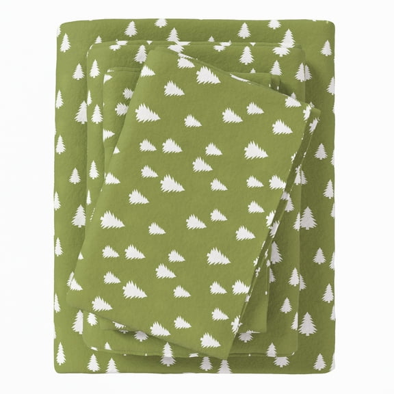 Great Bay Home Lodge Flannel Sheet Set - 100% Turkish Cotton - Double Brushed (King, Little Trees - Olive)