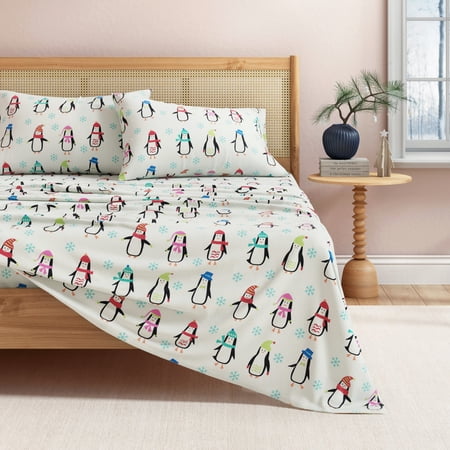 Great Bay Home Christmas Flannel Sheet Set - 100% Turkish Cotton - Double Brushed - Queen, Penguins