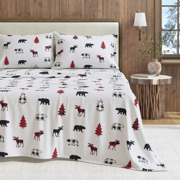 Great Bay Home Lodge Flannel Sheet Set - 100% Turkish Cotton - Double Brushed - Twin, Checkered Moose