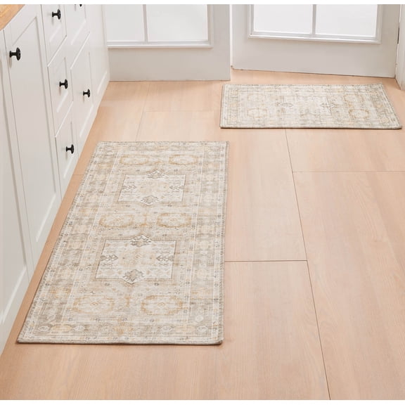 Great Bay Home Vintage Distressed Machine Washable 2 Pack - 20" x 30" & 20" x 50" Accent Rugs for Kitchen or Bathroom