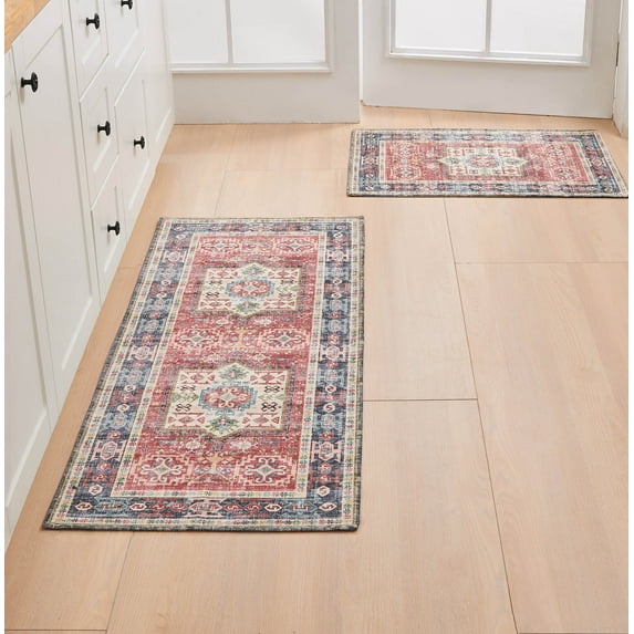 Great Bay Home Vintage Distressed Machine Washable 2 Pack - 20" x 30" & 20" x 50" Accent Rugs for Kitchen or Bathroom
