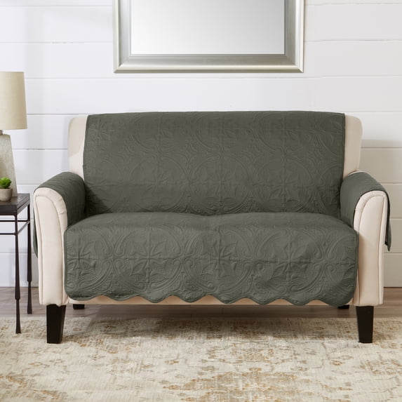 Reversible Quilted Furniture Protector, Machine Washable Slipcover, Loveseat, Sage Green / Light Gray