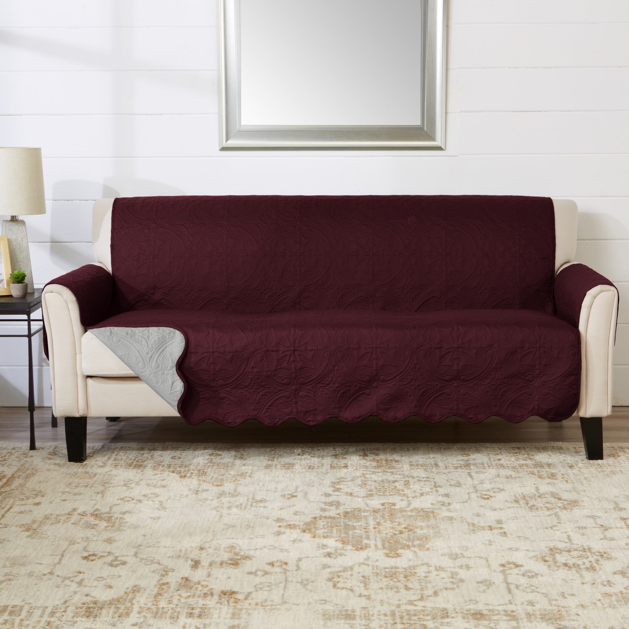 Wine and Light Grey Quilted Reversible Sofa Protector
