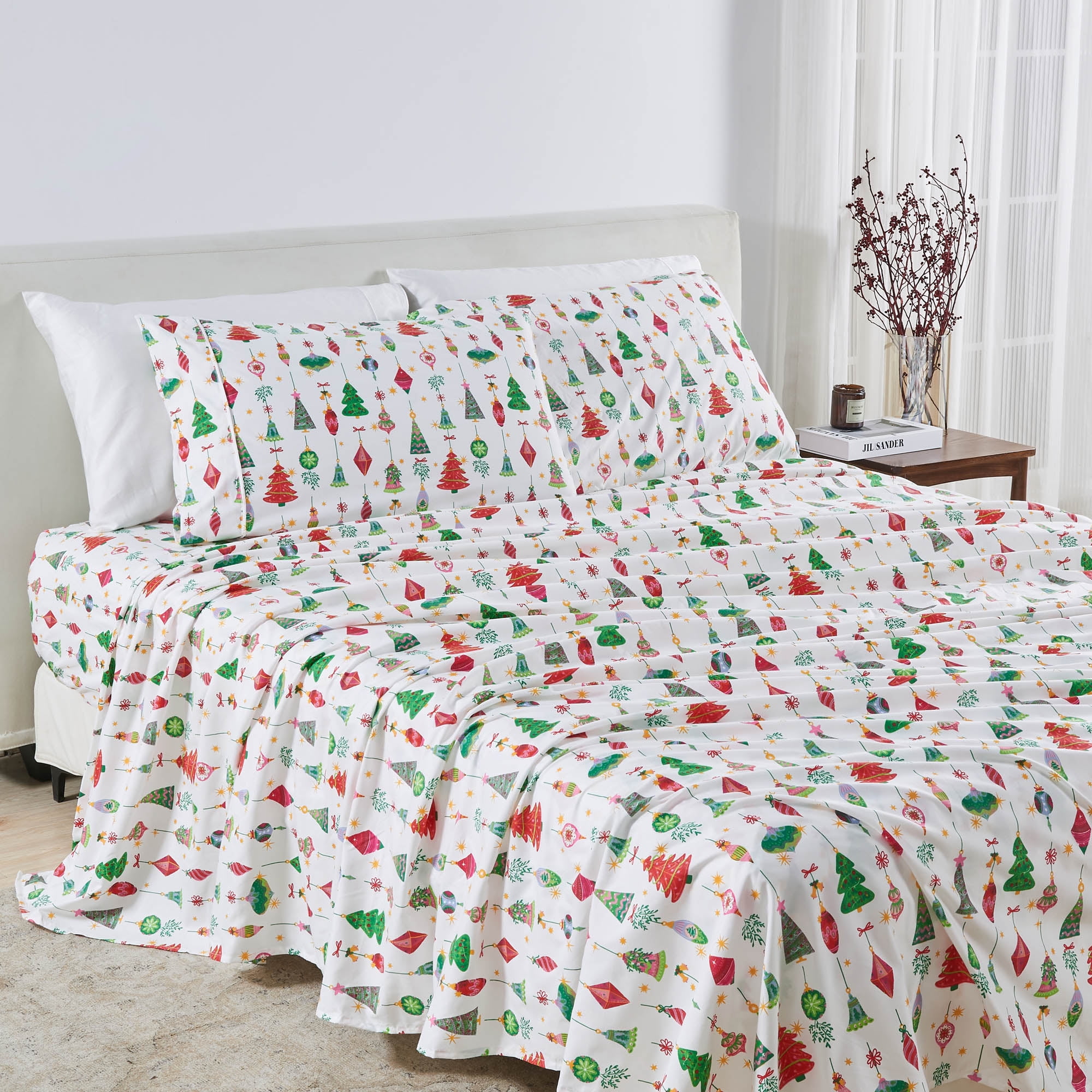 Great Bay Home Microfiber Bed Sheet Set 4 Piece Holiday Themed Sheets Queen Twinkling Ornaments