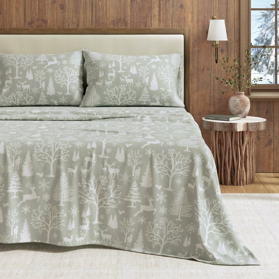 Great Bay Home Lodge Flannel Sheet Set - 100% Turkish Cotton - Double Brushed (California King, Enchanted Woods - Blue)