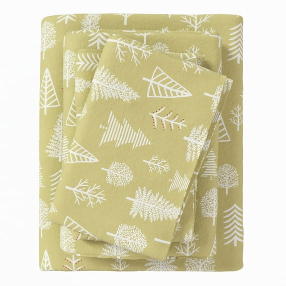 Great Bay Home Lodge Flannel Sheet Set - 100% Turkish Cotton - Double Brushed (California King, Winter Forest - Sage/Red)