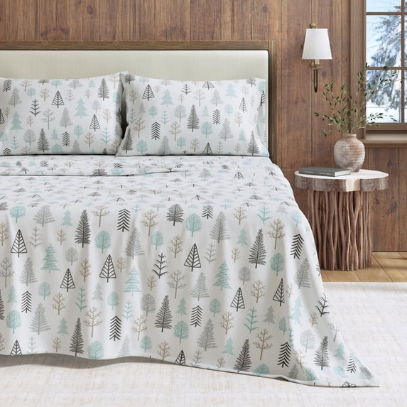 Great Bay Home Lodge Flannel Sheet Set - 100% Turkish Cotton - Double Brushed (California King, Winter Forest)