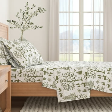 Great Bay Home Lodge Flannel Sheet Set - 100% Turkish Cotton - Double Brushed - Full, Olive Branch Enchanted Woods.