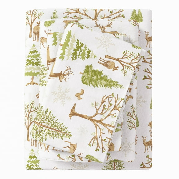 Great Bay Home Lodge Flannel Sheet Set - 100% Turkish Cotton - Double Brushed (Queen, The New Enchanted Woods)