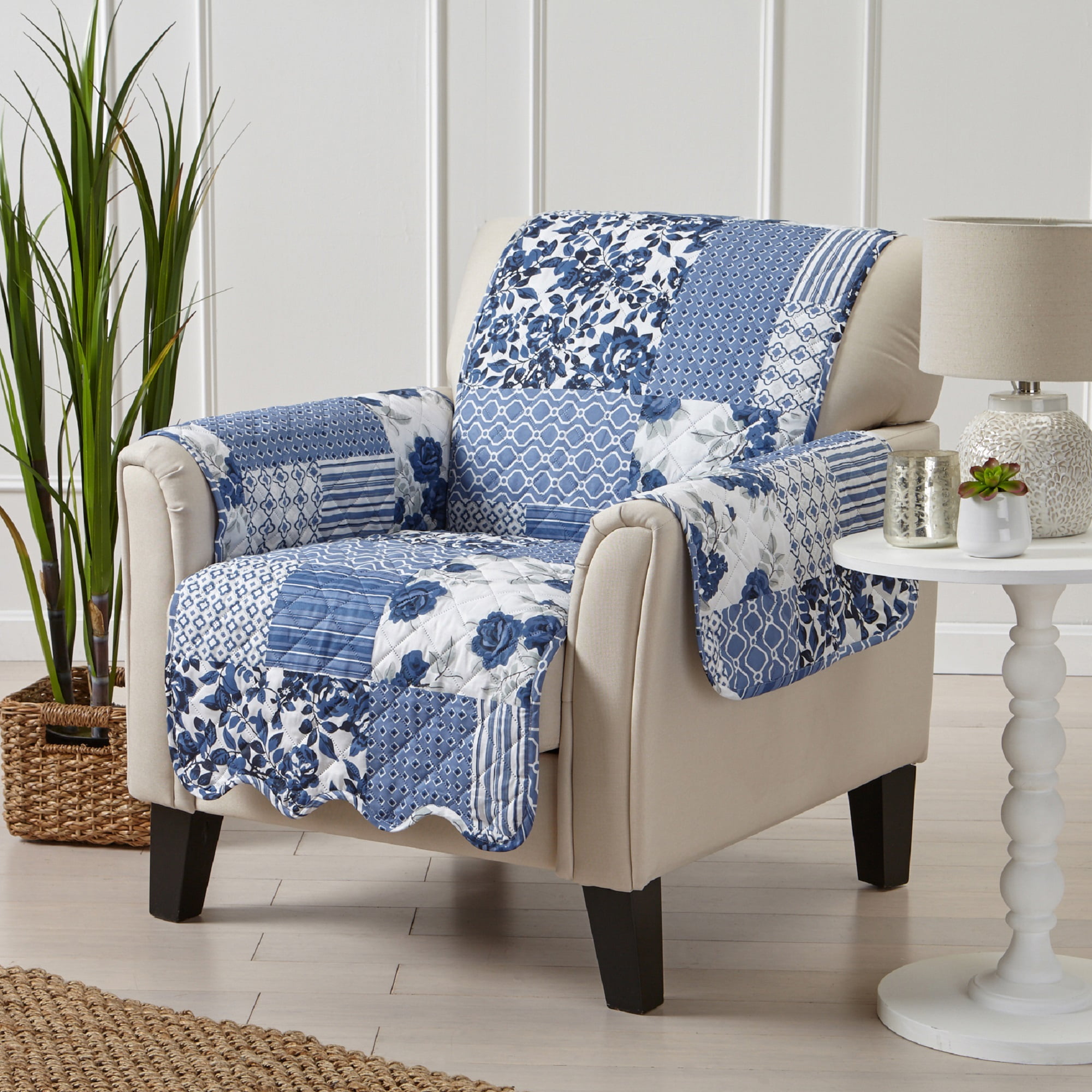 Navy Blue Patchwork Reversible Microfiber Chair Slipcover
