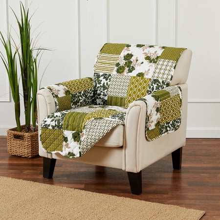 Great Bay Home Patchwork Scalloped Reversible Washable Pet Furniture Protector (24" Chair, Olive)